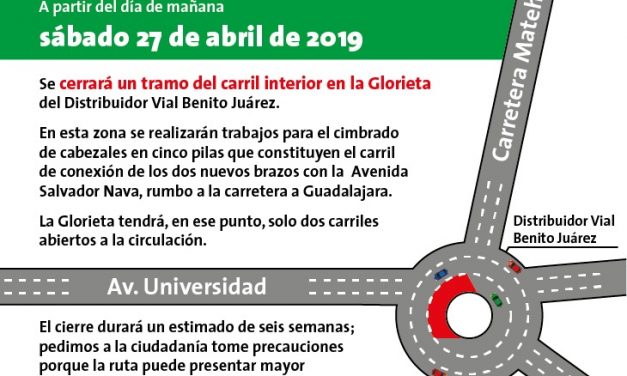 JEC anuncia cierre de tramo de un carril interior de la glorieta Juárez.