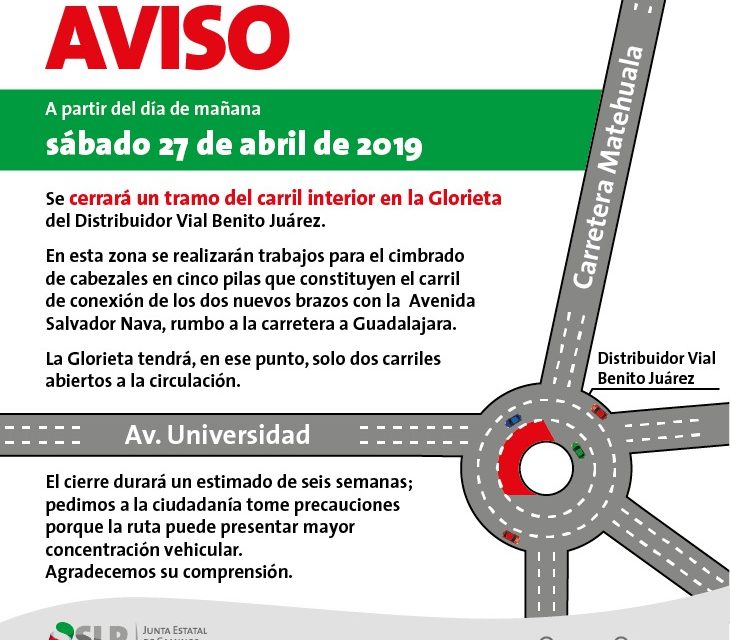 JEC anuncia cierre de tramo de un carril interior de la glorieta Juárez.