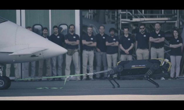 Perro robot arrastra un avión
