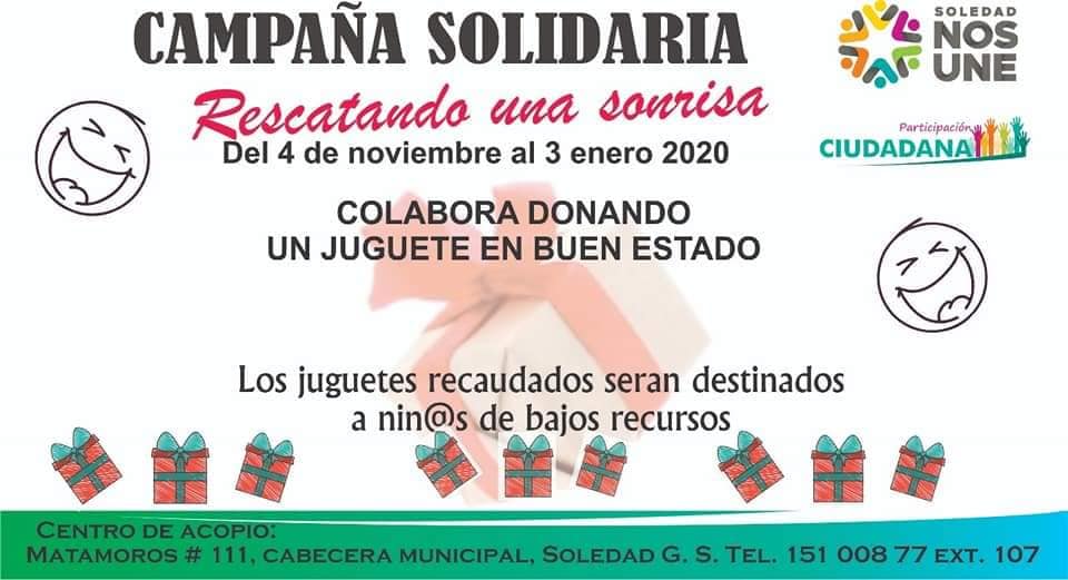Buscan recopilar ropa, juguetes y alimentos en Soledad para apoyar a población vulnerable.