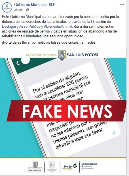Afirma ayuntamiento capitalino que mensaje de sacrificio de perros es falso.