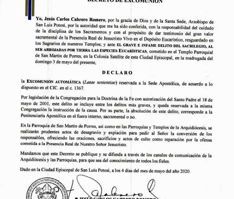 Decreta excomunión iglesia católica a quienes profanaron templo de San Martín de Porres.