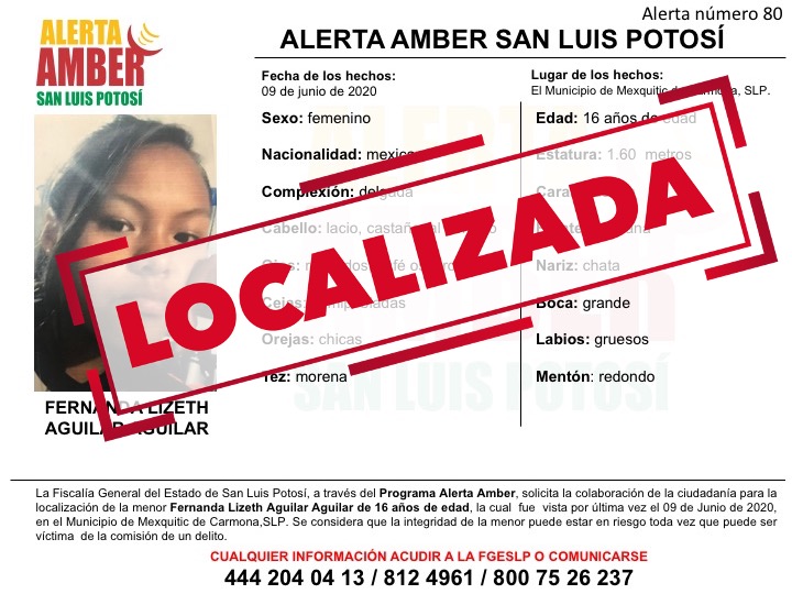 FGE desactiva Alerta Amber de jovencita desaparecida en Mexquitic.