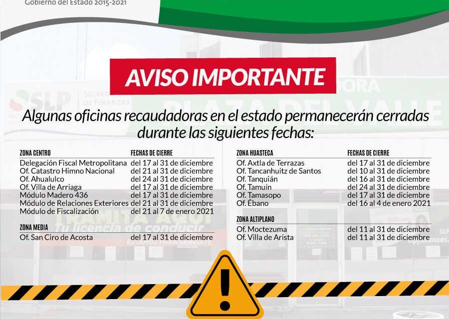 SEFIN informa cierre temporal de oficinas recaudadoras hasta el 31 de diciembre.