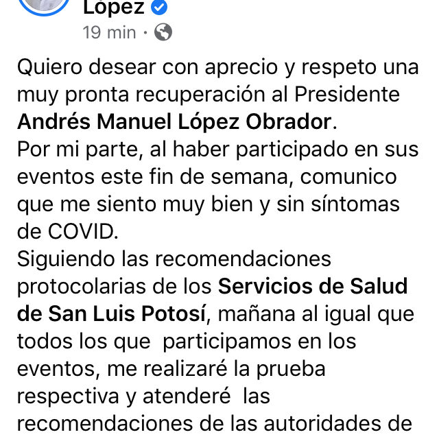 Anuncia JM Carreras que se hará la prueba de detección de Covid, tras visita de AMLO