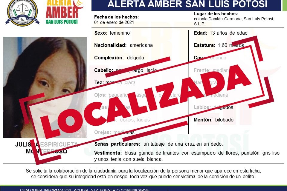 Desactivan Alerta Amber, localizan adolescente de 13 años sana y salva