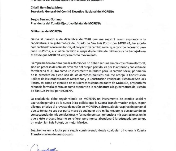 Renuncia Marcelina Oviedo a la precandidatura de Morena por la gubernatura del estado.