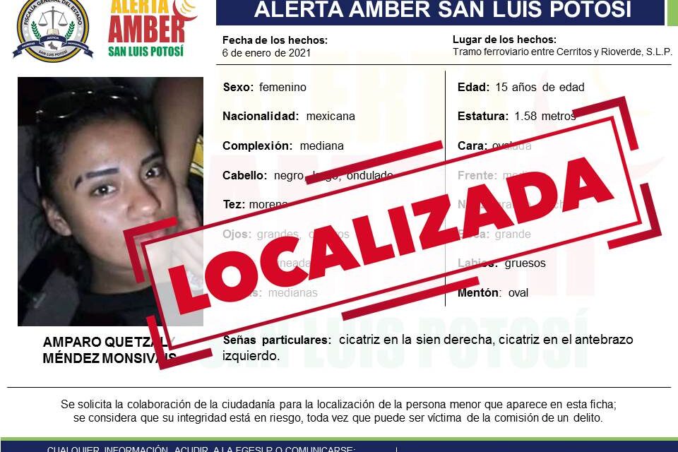 Fiscalía de SLP localiza a jovencita que tenia Alerta Amber