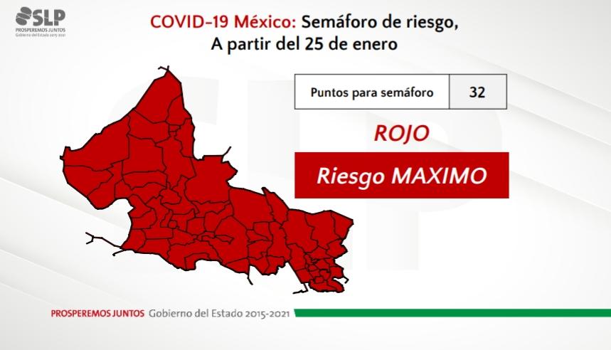 Decretan Semáforo Rojo para SLP, a partir del 25 de enero.