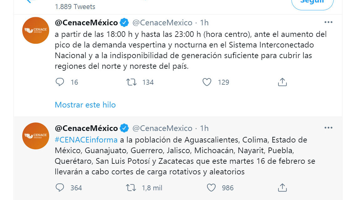 Anuncia el CENACE apagones para SLP desde las 6 de la tarde.