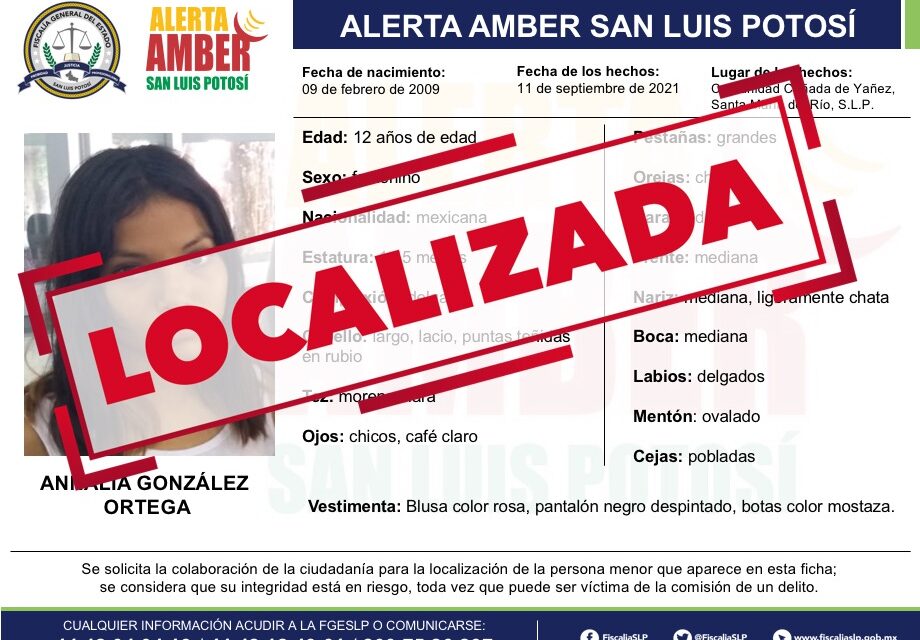 Desactivan Alerta Amber de menor de 12 años en Santa María del Río