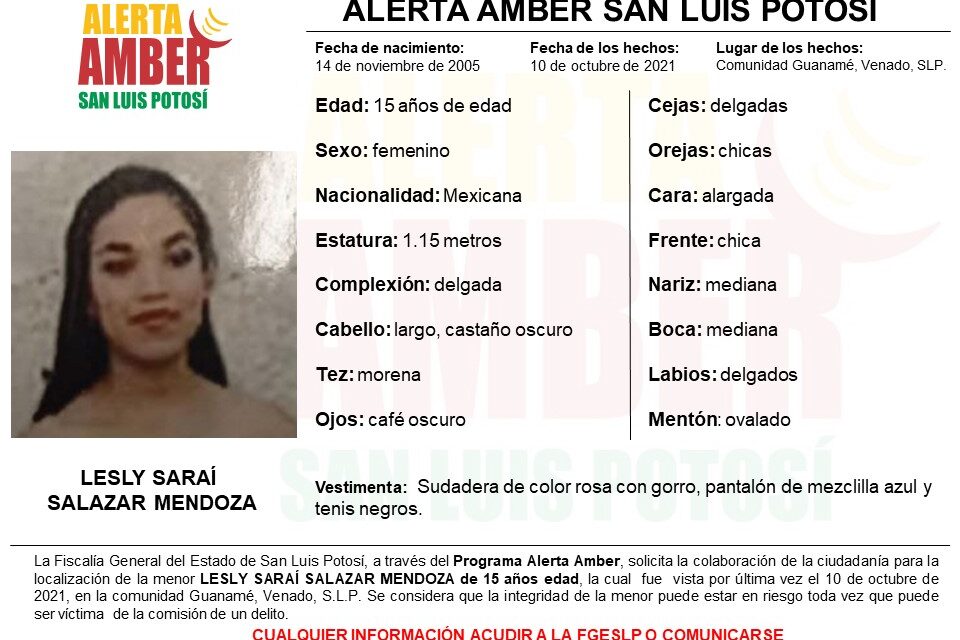 Activa FGE alerta Amber para localizar a menor de 15 años