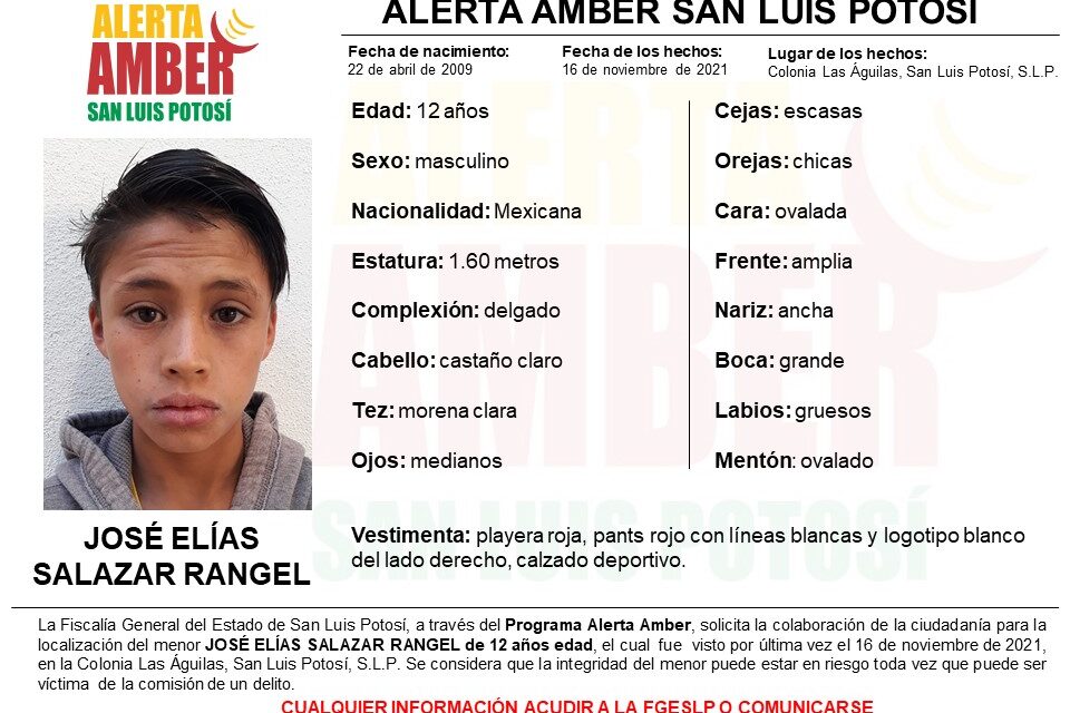Activa FGE alerta Amber para localizar a menor de 12 años.