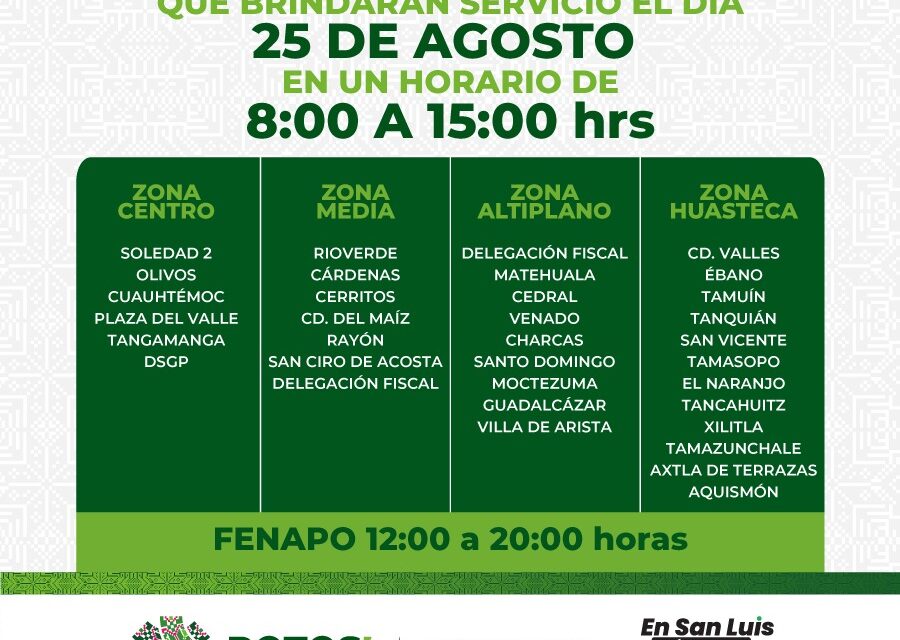 Recaudadoras de Finanzas darán servicio este viernes 25 de agosto