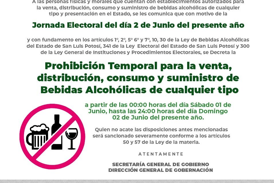Anuncian “Ley Seca” durante la jornada electoral del 2 de junio