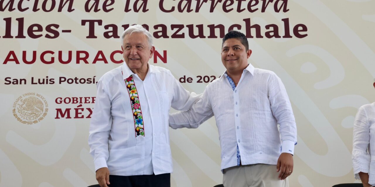 AMLO, Claudia Sheinbaum y Gallardo inauguran supercarretera Valles-Tamazunchale